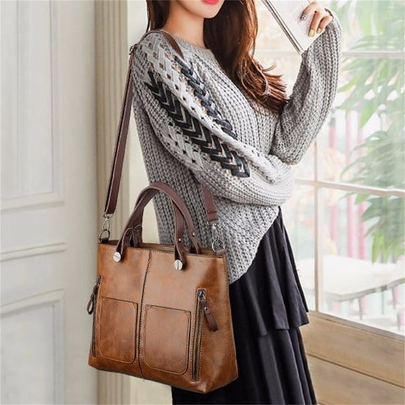 Leather Tote Handbag for Women | Multi-Pocket Large Capacity Purse | Retro Oil Wax Shoulder Bag | Removable Strap | Work, Shopping, Commuter Use | 31x10x25cm