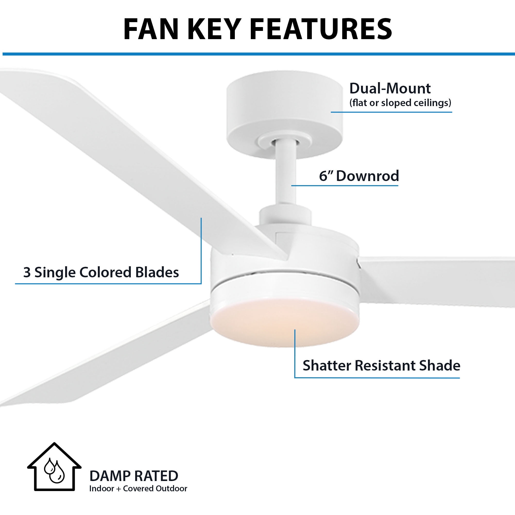 Mainstays 52 in Matte White Indoor/Outdoor Downrod Ceiling Fan with Light Kit and Remote Control