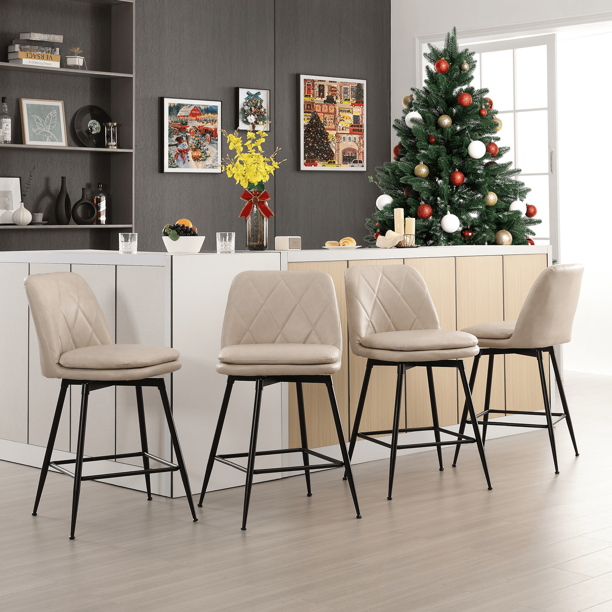 TEWLOSS 28" Bar Stools Set of 4 Swivel Barstools Faux Leather Kitchen Chairs, Cream