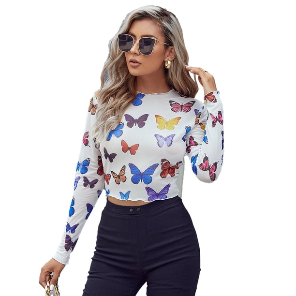 Tops de malla para mujer, top ajustado de cuello alto y manga larga, camisetas coloridas y con mariposas, top corto sexy de malla transparente