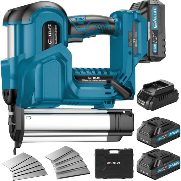 GEVEELIFE Cordless 2" Brad Nailer with 2×2.0Ah Batteries – 2-in-1 18G Nail Gun & Staple Gun, Battery-Powered, 1000 Nails Included, Adjustable Depth, 2 Modes for Wood Carpentry - Dark Blue