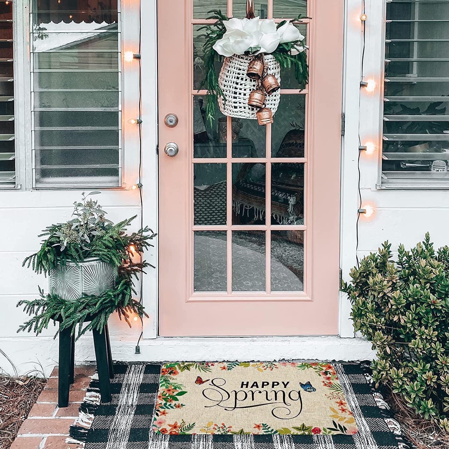 Happy Spring Outdoor Door Mat Flower Farmhouse Decor Welcome Mats Colorful Flowers Doormat Non Slip Rubber Floral Decorative Front Door Mats Indoor Rug 17" x 30"