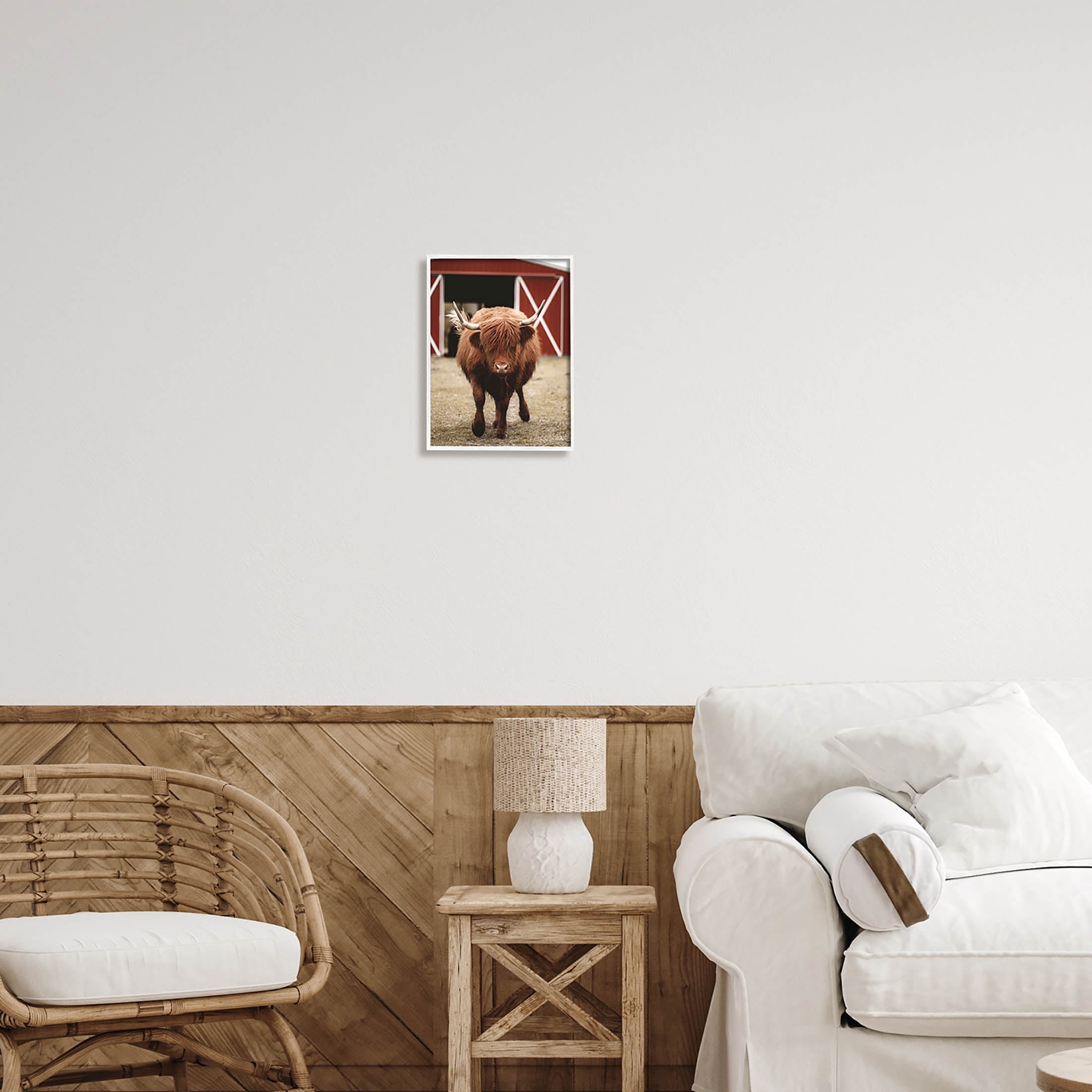 Stupell Industries Trotting Highland Cattle Bold Red Barn Photograph White Framed Art Print Wall Art, Design by Dakota Diener