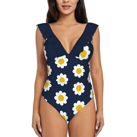 Flower Around Ii Ruffle One Piece Swimsuit Women Swimwear Push Up Monokini Sexy Print Bathing Suit Margarida Daisy Flower