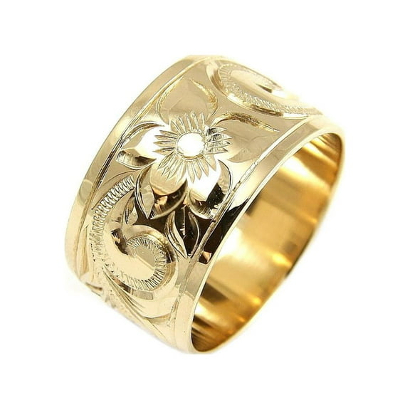 14K yellow gold hand engrave Hawaiian plumeria scroll band ring smooth edge 12mm size 8.5