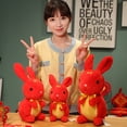 thumbnail image 1 of 20/25/30cm Long Ears Cute Expression Chinese Embroidery Characters Printing Squat Posture Ribbon Bowknot Zodiac Rabbit Doll 2023 New Year Stuffed Bunny Mascot Toy New Year Gift, 1 of 7