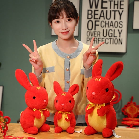20/25/30cm Long Ears Cute Expression Chinese Embroidery Characters Printing Squat Posture Ribbon Bowknot Zodiac Rabbit Doll 2023 New Year Stuffed Bunny Mascot Toy New Year Gift