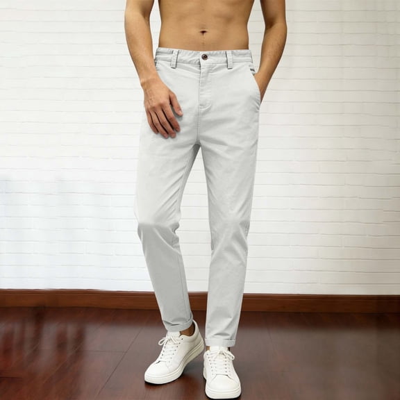 Dxzfnsa Mens Casual Pants Men's Lightweight Solid Color Button Waist Loose Fit Pleated Slacks Summer Straight Leg Beach Trousers with Pockets
