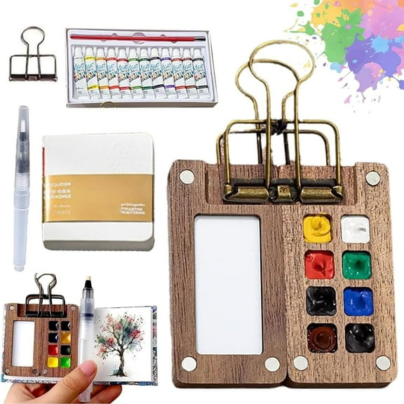Tobios Watercolor Set, Veralea Watercolor Travel Kit, Mini Watercolor Paint Sets, Travel Water Color Set with 24 Color Paints, Wooden Grid Paint Box for Painters Artists Students (8 Grids)
