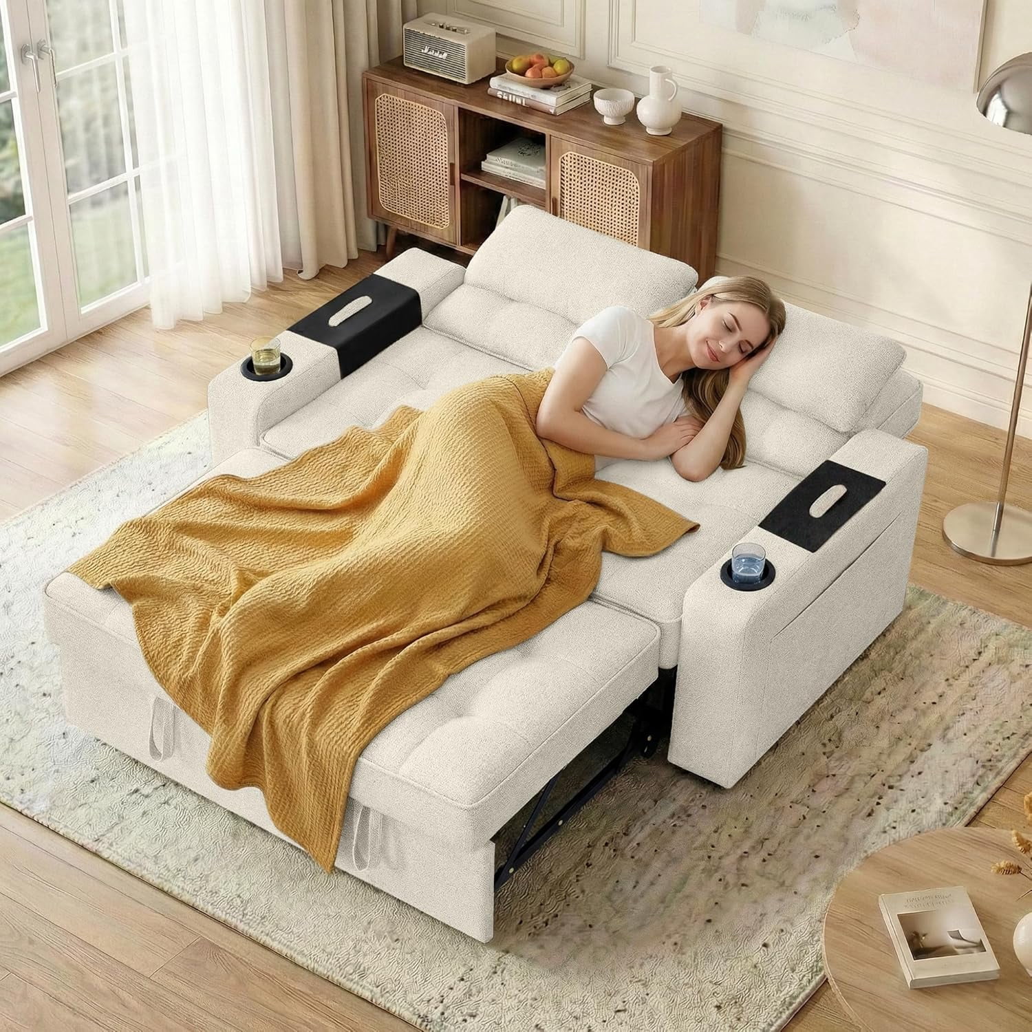 Howcool 58'' Convertible Sofa Bed with Pull-Out Bed, 3-in-1 Loveseat Sleeper Sofa, Adjustable Backrest, USB Port, Cup Holders and Side Pocket, Sofa Couch for Living Room,Beige