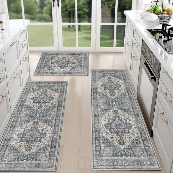 TECHVIDA Kitchen Rugs Set 3 Piece,Non Slip Machine Washable Kitchen Rug,Boho Vintage Abstract Kitchen Carpet for Hallway Rug