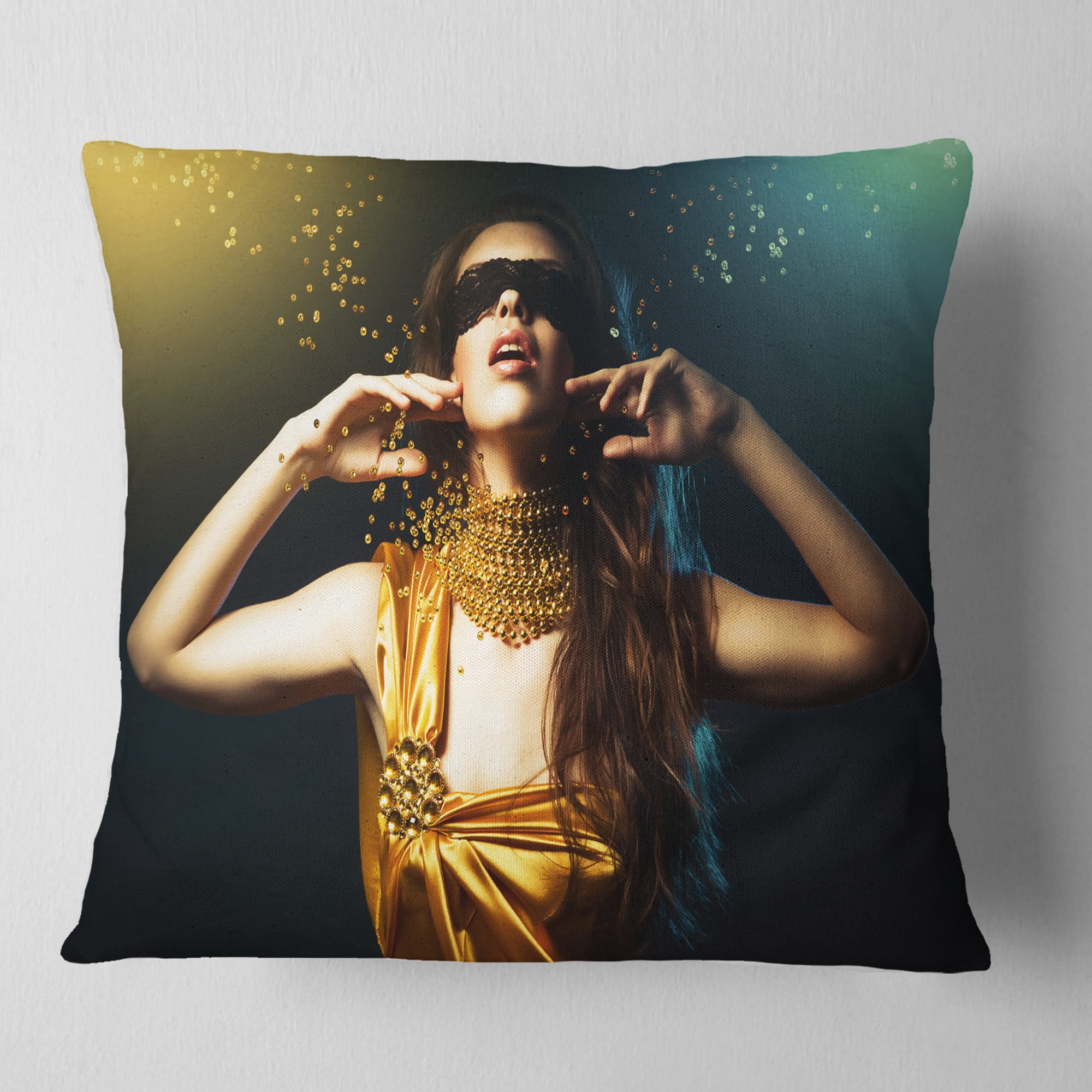 Designart Woman in Yellow with Mask - Portrait Throw Pillow - 16x16