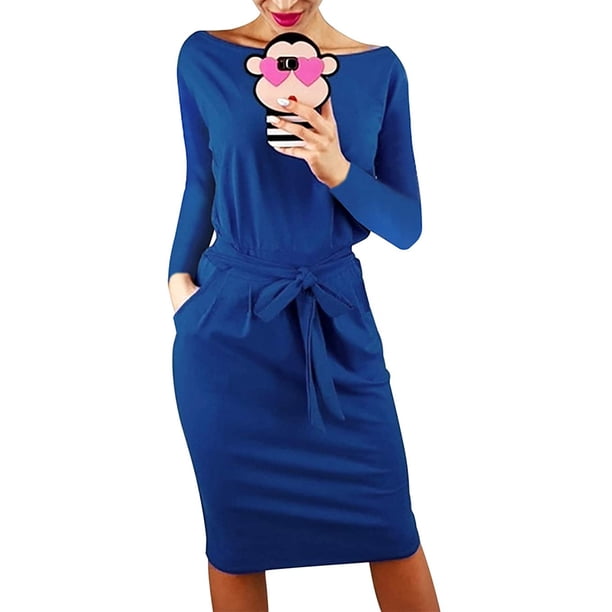Vestido PRETTYGARDEN Ajustado con Cinturón y Manga Larga Azul Talla S