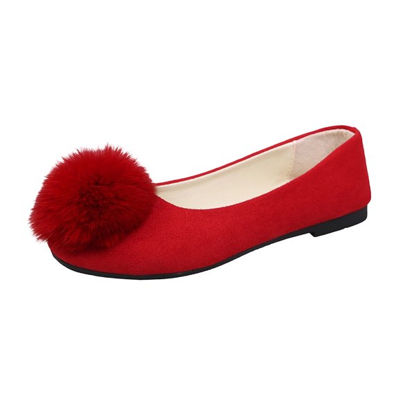 Gpaecead Women's Pom Pom Flat Shoes Solid Color Faux Suede Comfortable Work Casual Slip On Walking Footwear Red
