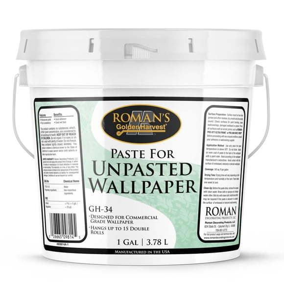 Adhesivo En Pasta Para Papel Tapiz A Base De Trigo Roman Para Materiales Delicados Tack Superior En Húmedo Fácil Aplicación Y Limpieza Transparente Gh-34 (1 Galón - 180 Pies Cuadrados)