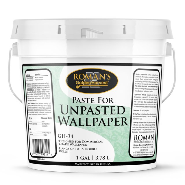 Adhesivo En Pasta Para Papel Tapiz A Base De Trigo Roman Para Materiales Delicados Tack Superior En Húmedo Fácil Aplicación Y Limpieza Transparente Gh-34 (1 Galón - 180 Pies Cuadrados)