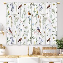 Watercolor Floral Kitchen Curtains Boho Botanical Flower Small Short Cafe Window Curtains Wildflower Herb Bird Leaves Spring Bathroom Drapes Treatment Tier Curtains 2 Panels (27.5x39 Inch)