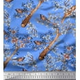 thumbnail image 1 of Soimoi Blue Japan Crepe Satin Fabric Blue Floral & American Robin Bird Print Fabric by The Yard 42 Inch Wide, 1 of 3