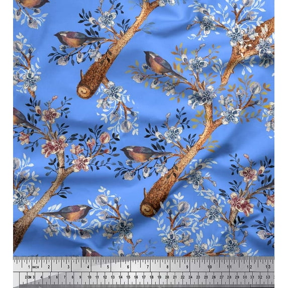 Soimoi Blue Japan Crepe Satin Fabric Blue Floral & American Robin Bird Print Fabric by The Yard 42 Inch Wide