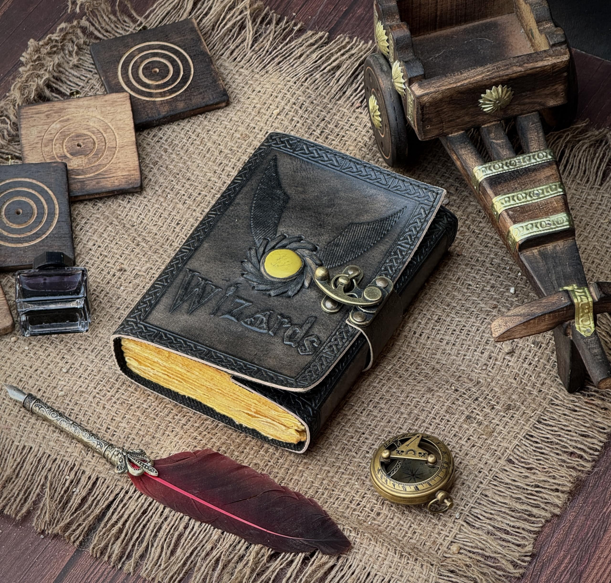 Wizards Leather Journal With Yellow Semi-Precious Stone and FlyingKey Embedded Backside - Vintage Leather Journal - Book of Shadows - Blank Spell Book - Grimoire Wiccan Supplies Witchcraft Antique