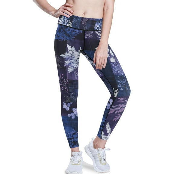 Ckdifva Purple and Blue Winter Leaves Yoga Pants with Pockets for Women Workout Athletic Yoga Leggings