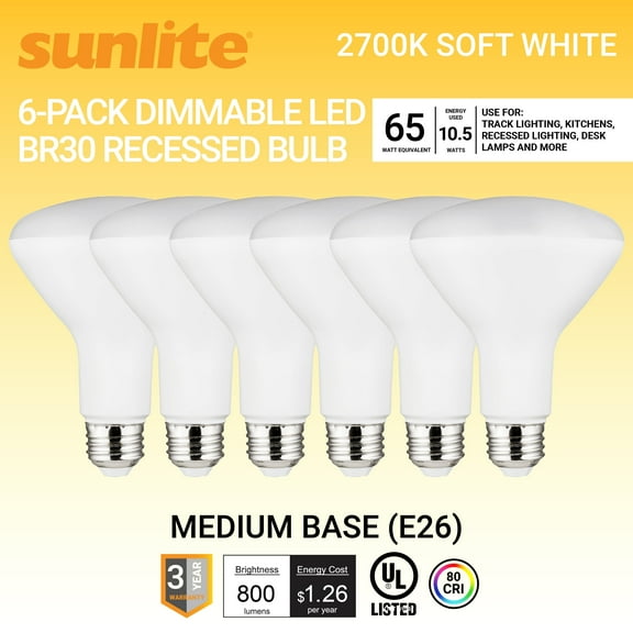 Sunlite LED BR30 Recessed Light Bulb, 10.5 Watts (65W Equivalent), Medium E26 Base, Dimmable,UL Listed, 2700K Warm White, 6-Pack