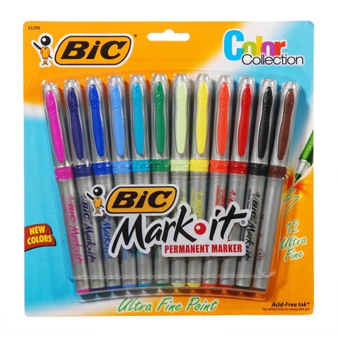 Bic, Mark It Permanent Marker Set, Assorted Colors, Ultra Fine Tip, 12 ...