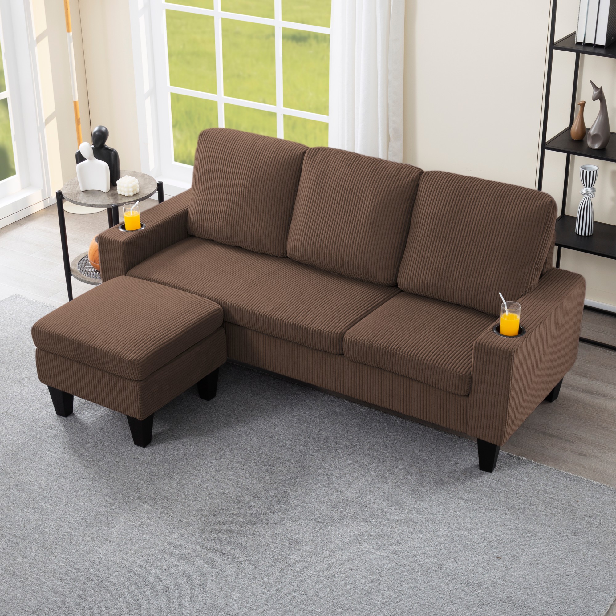 Gewnee Camel 69.88” L-Shaped Sectional Sofa, Corduroy Ottoman & Built-in Cup Holders for Bedroom/Living Room