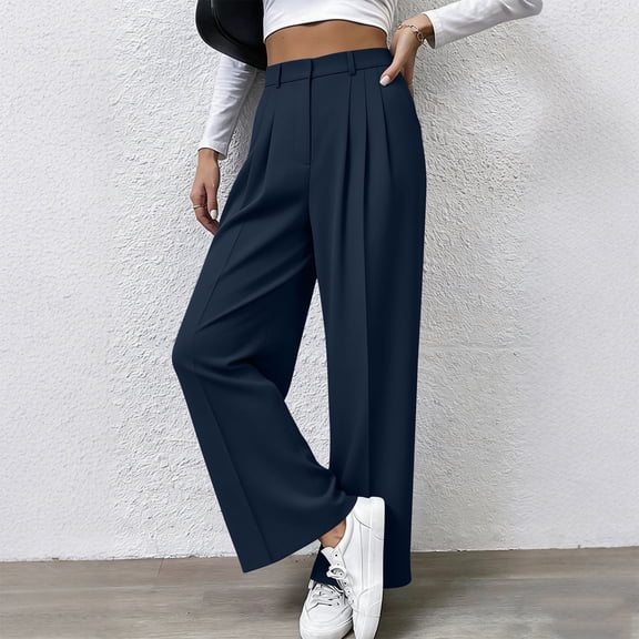 ClodeEU Womens High Waisted Wide Leg Pants ,Pleated Tailored Business Trousers with Pockets Navy,Womens Plus S