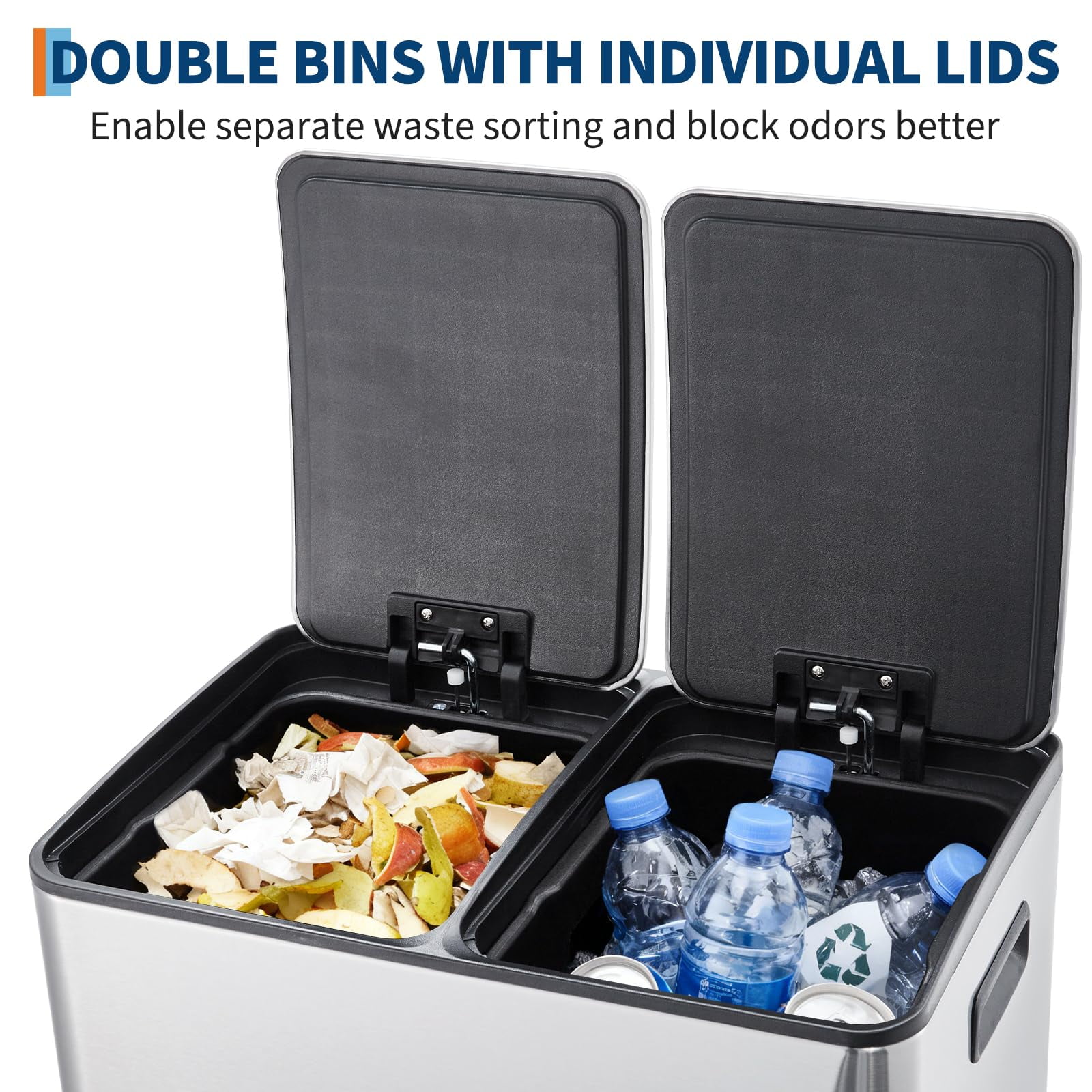 Dual Trash Can, 16 Gal (2 x 30 l) Kitchen Garbage Can with Lid and Inner Bucket, Double Compartment Trash and Recycle Bin Combo with Step Pedal
