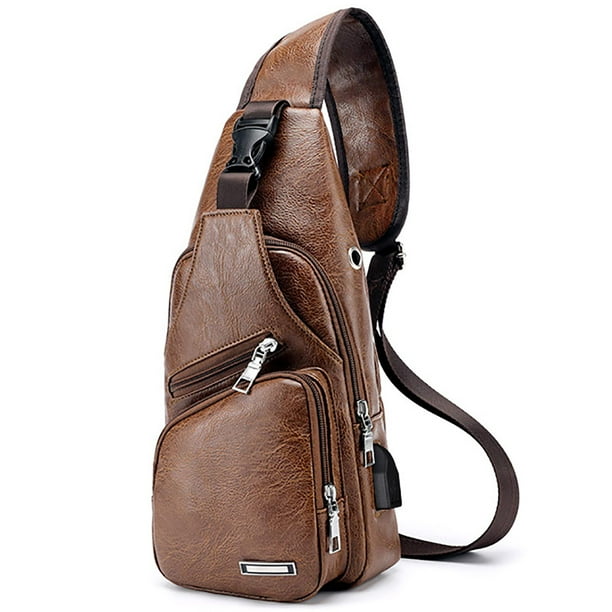 Mochila bandolera de piel para hombre con puerto USB