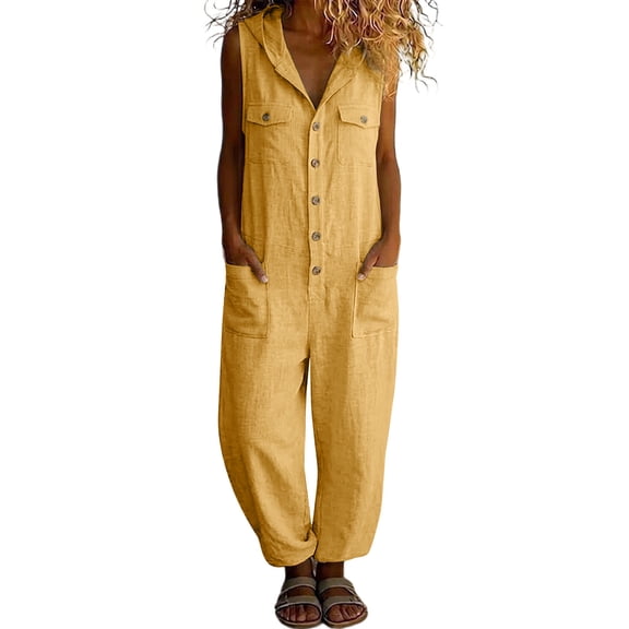 Guluxicc Womens Hooded Linen Jumpsuit Sleeveless Button Down Utility Pockets Tapered Leg Casual Loose Summer Vacation Overalls