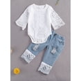 thumbnail image 6 of 2Pcs Newborn Baby Girls Flare Sleeve Lace Floral Romper Bodysuit Denim Jeans Pants Outfits Set, 6 of 6