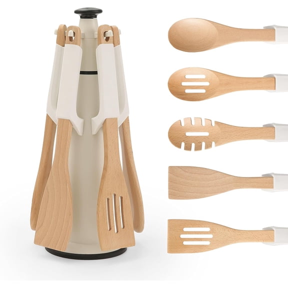 Chef’s Path Wooden Cooking Utensils Set 5-Piece Beech Wood with Silicone Spoon Rest, Wooden Spatula, Serving Spoon & Utensil Holder White