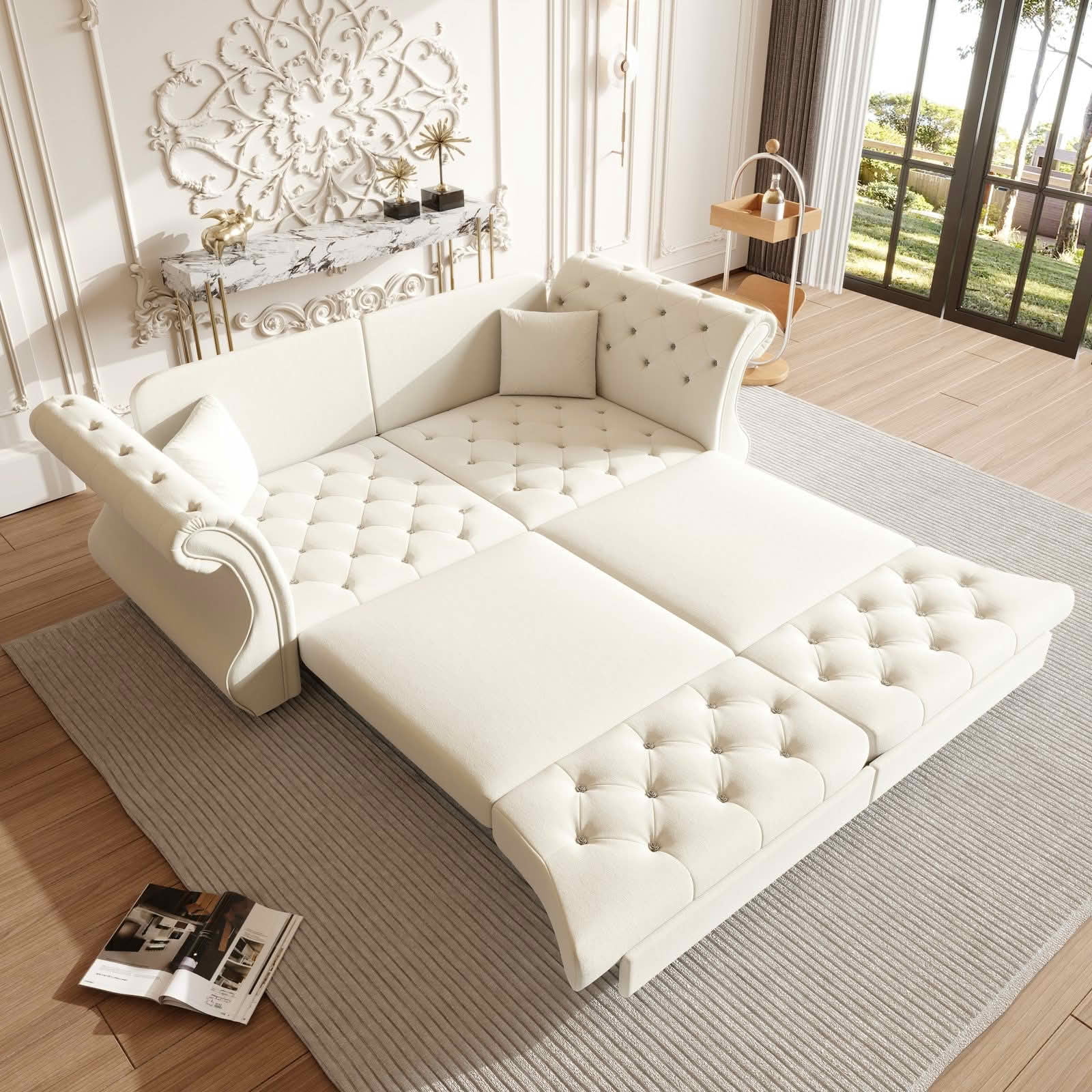 MAYEERTY 83.8" Chesterfield Pull‑Out Sofa Bed, Classic Roll‑Arm Velvet Couch with Flower Tufting, 2 Pillows Included for Living Room, Bedroom and Apartment