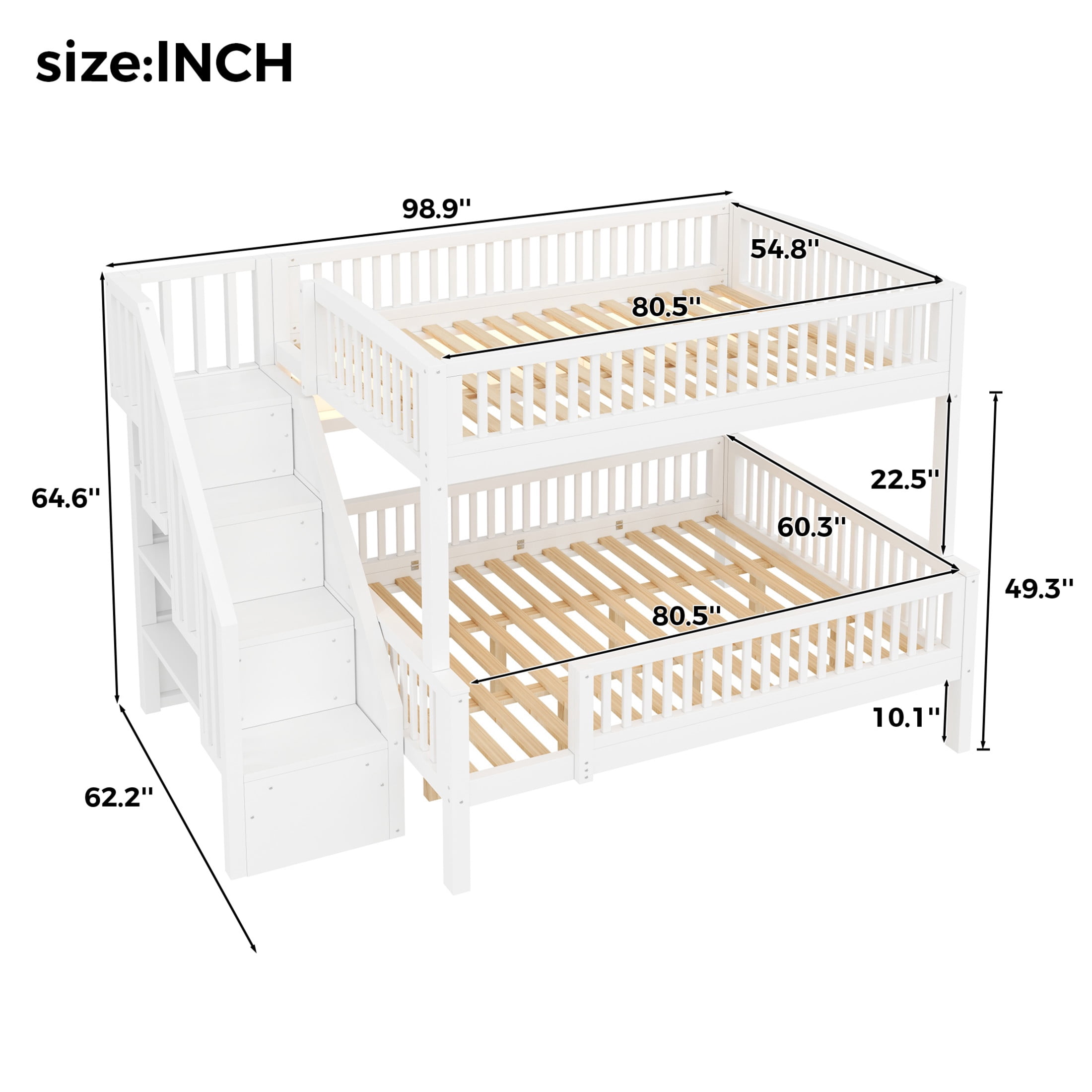 Noble House Dalmor Full XL over Queen Bunk Bed with Storage Staircase & Built-in Bookshelf, Adjustable LED Light, White