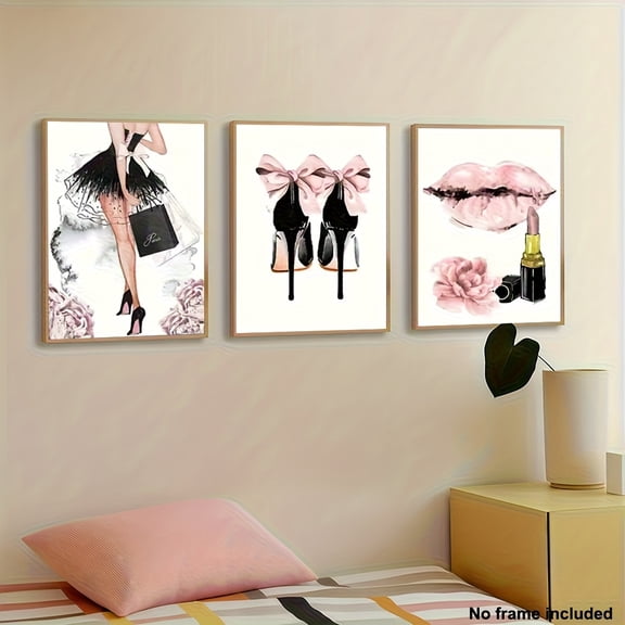 2D Flat, 3pcs Frameless Modern Minimalist Women's Fashion Canvas Wall Art Set - Soft Pink & Black Lipstick, High-Heel Shoes & Female Silhouette Prints, Soft Pastel Tones for Living Room, Bedroom, Ho