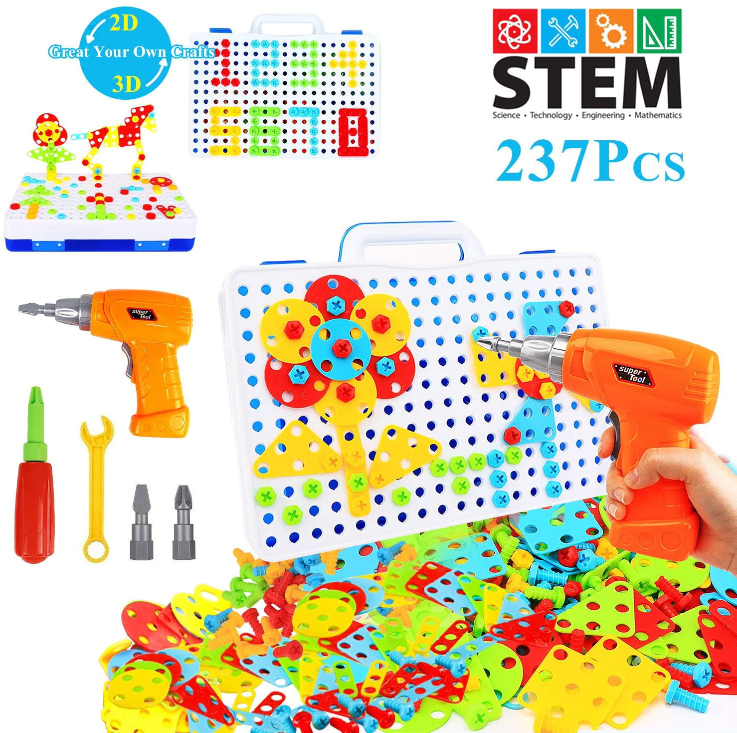 224 Pieces STEM Engineering Toys DIY Construction Building Blocks Pegboard for 4-8 Year Old Kids Creative Games for Preschool Boys & Girls Gift Electric Drill Puzzle Toys and Button Art Kit 