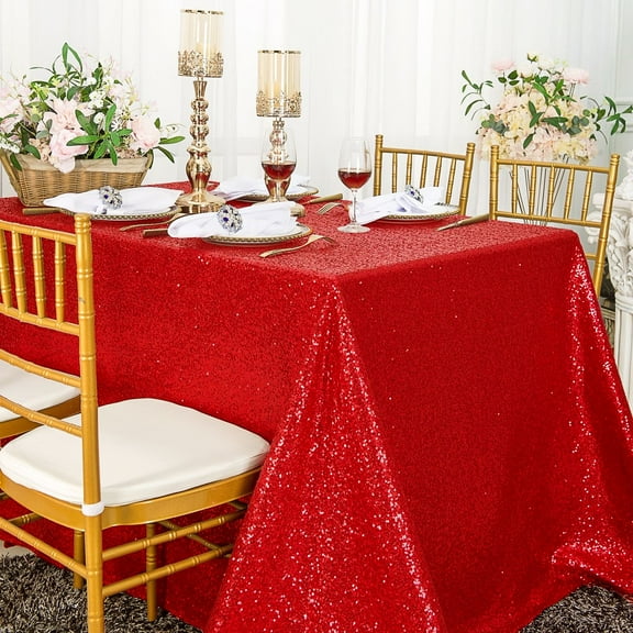 Wedding Linens Inc. 90" x 132" Retangular Sequin Taffeta Tablecloth - Red