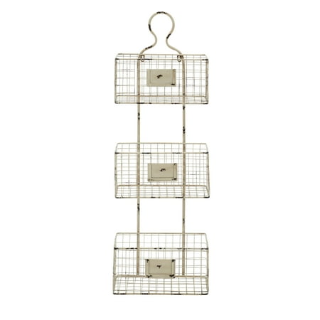 Three Tiered Metal Wire Basket Shelf With White Weathered Accent