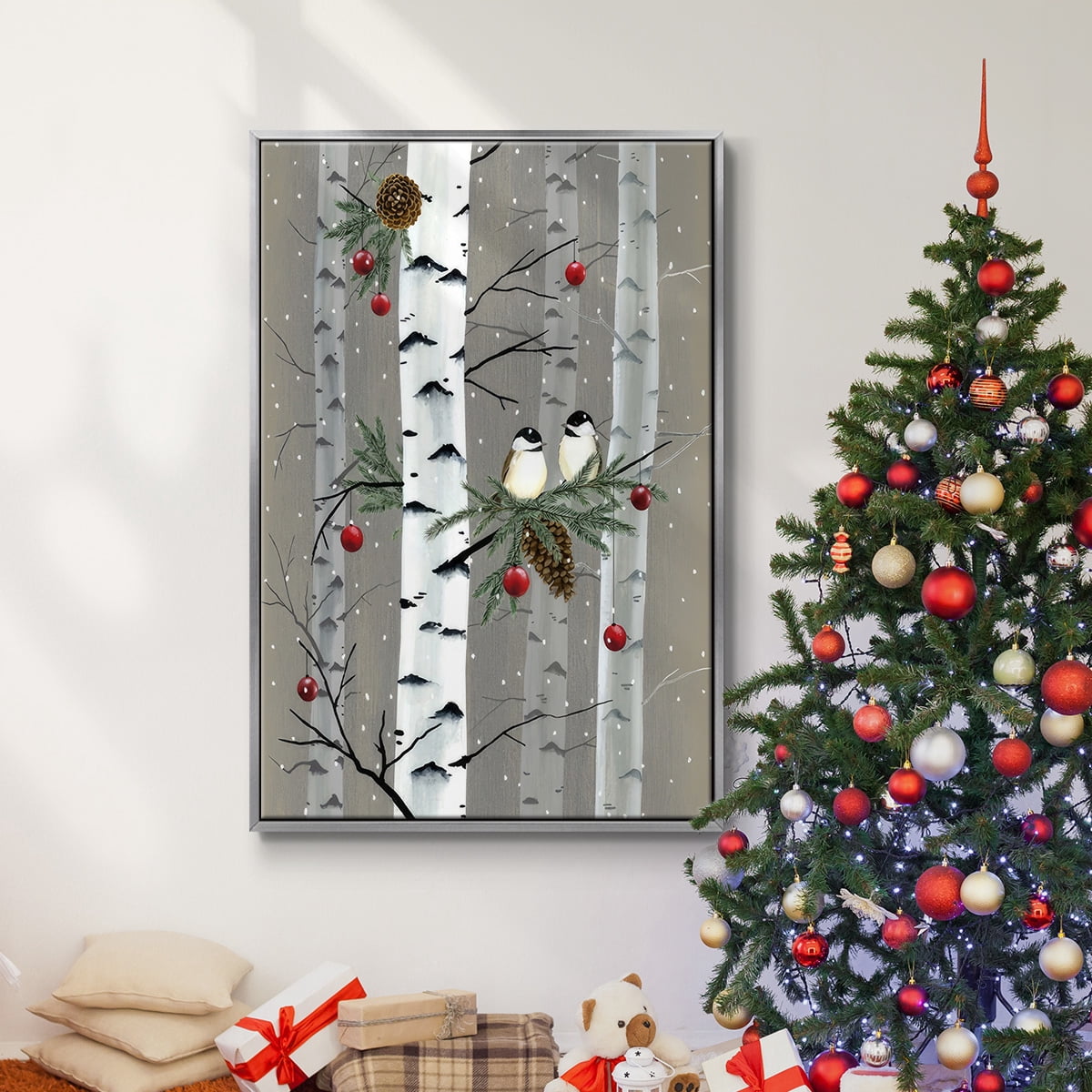 Birch Birds I - Framed Gallery Wrapped Holiday Canvas - 27 x 41 - Silver Frame