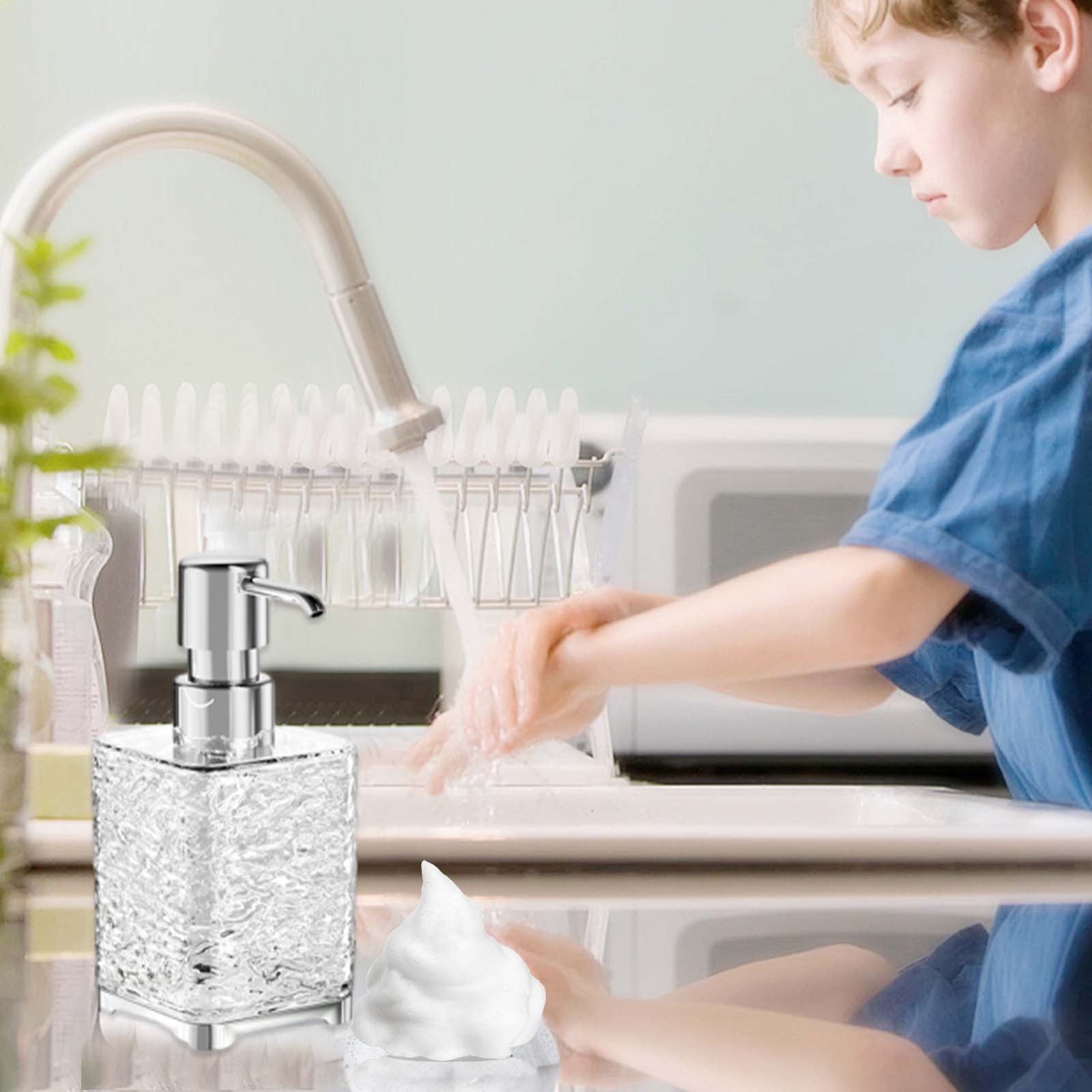 Glass Foaming Soap Dispenser with Silver Pump, Vintage-Inspired Modern Glass Refillable Bottle for Bathroom Vanity Countertop and Kitchen