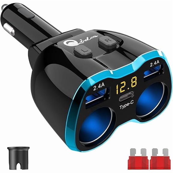 Cigarette Lighter Splitter: USB C 12V Car Charger Adapter 2 Socket Type C Multi 12 Volt Power Outlet 24V DC 80W with LED Voltmeter Switch 6.3A Dual USB Port for Mobile Cell Phone GPS Dash Cam