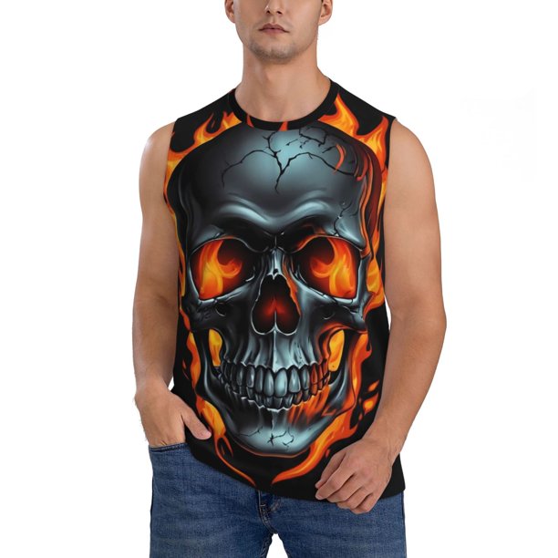 Balery Flame Metal Skull Camisetas sin mangas para hombre, absorbe la humedad y protege contra el mal olor.-Small