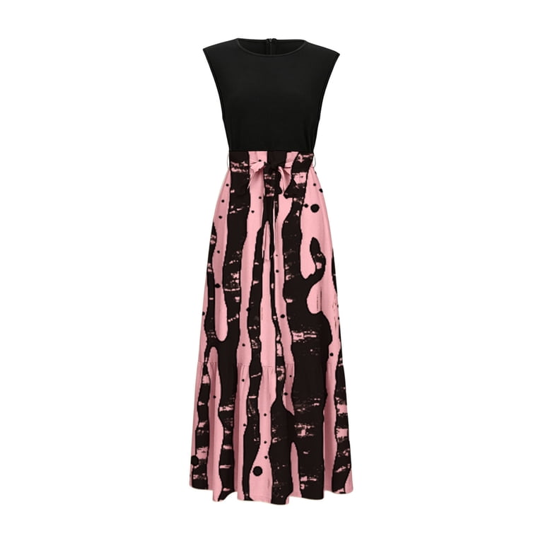 Swanpen Women's Summer Crew Neck Sleeveless Maxi Dress Ink Vertical Stripe Print High Waist Drawstring Tier Ruffle Loose Long Casual Skirt with Side