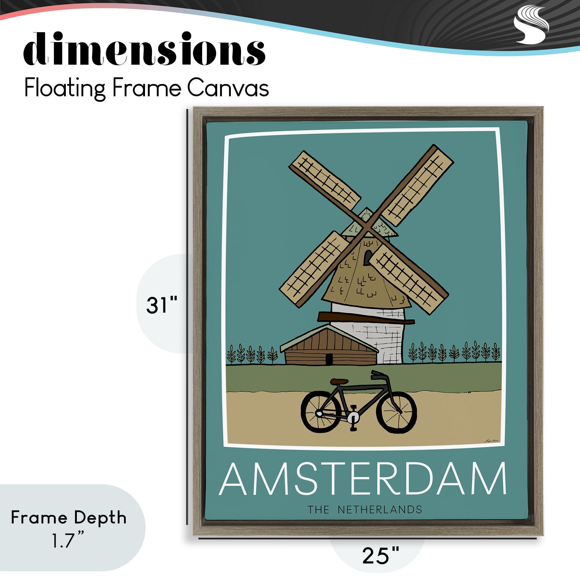 Stupell Industries Amsterdam Windmill Poster Brown Framed Floater Canvas Wall Art, design by Hugo Edwins
