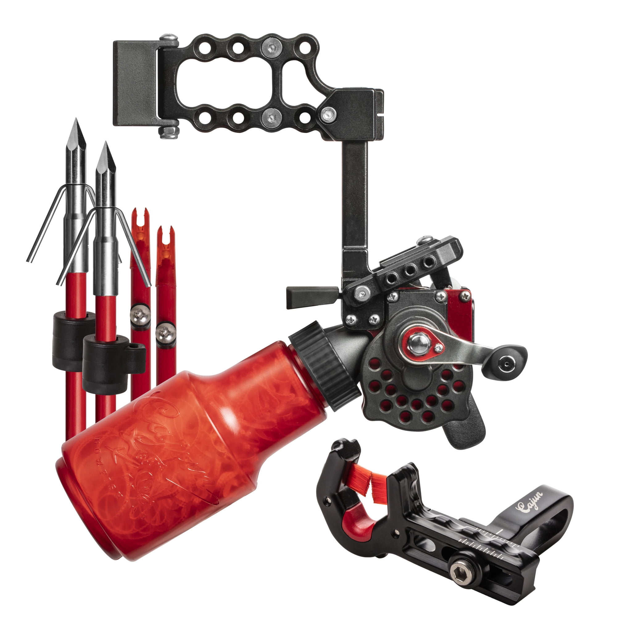 Cajun Bowfishing Winch Pro Bowfishing Reel Kit Includes Reel Line Arrow Piranha Points Slides Stops and Brush Fire Arrow Rest