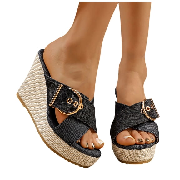 Rokment Womens Espadrilles Platform Wedge Sandals Trendy Casual Denim Leopard Buckles Open Toe Chunky High Heels Slip on Summer Dress Slides 2026 Black Size 6.5