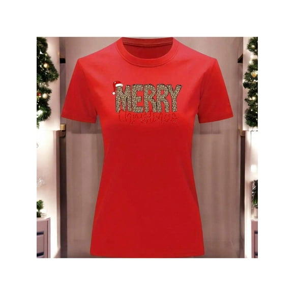 Playera Blusa Con Estampado Merry Christmas Estilo Animal Print Ropa Para Mujer Color Rojo Talla Grande Marca Emil SaEs