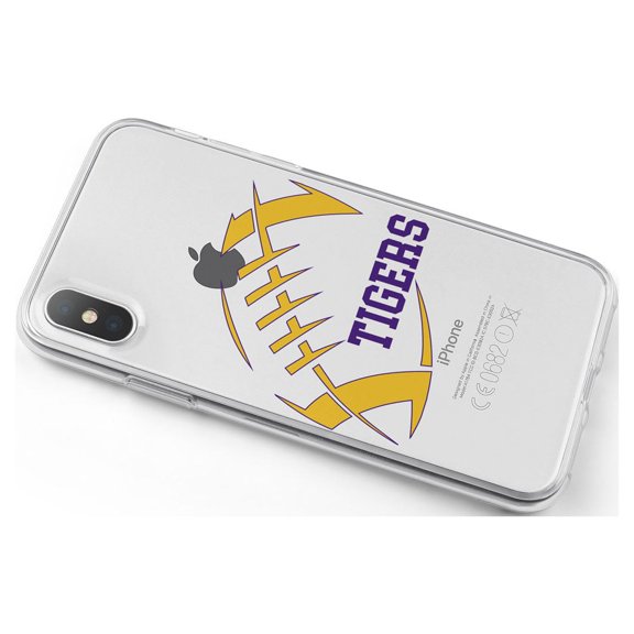 DistinctInk Clear Shockproof Hybrid Case for iPhone X / XS (5.8" Screen) - TPU Bumper, Acrylic Back, Tempered Glass Screen Protector - Tigers Football - Purple, Gold